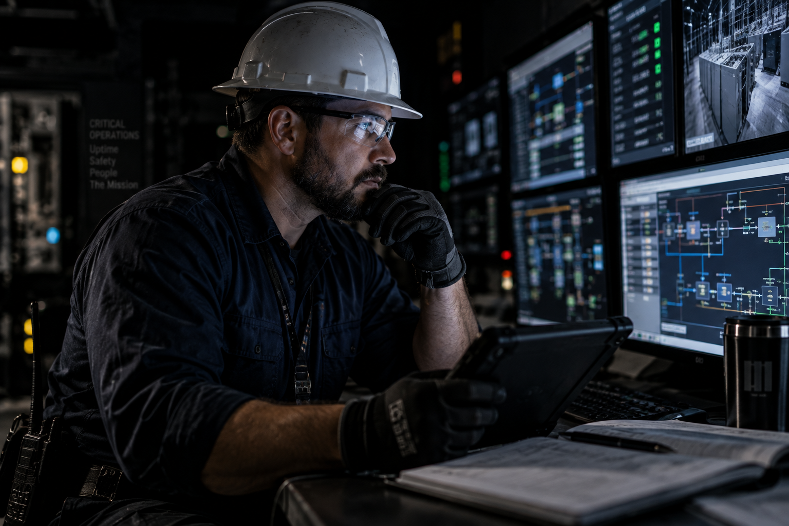 Mission-Critical operations professional at a data center control room console