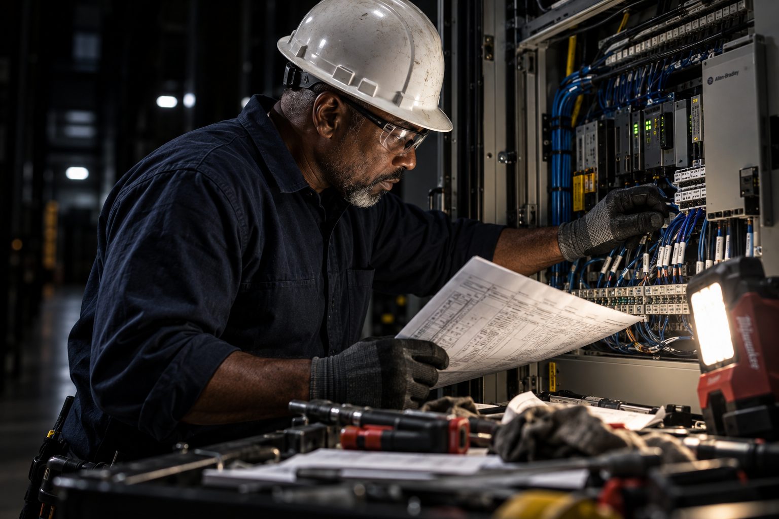 Mission-Critical controls specialist reviewing electrical schematics