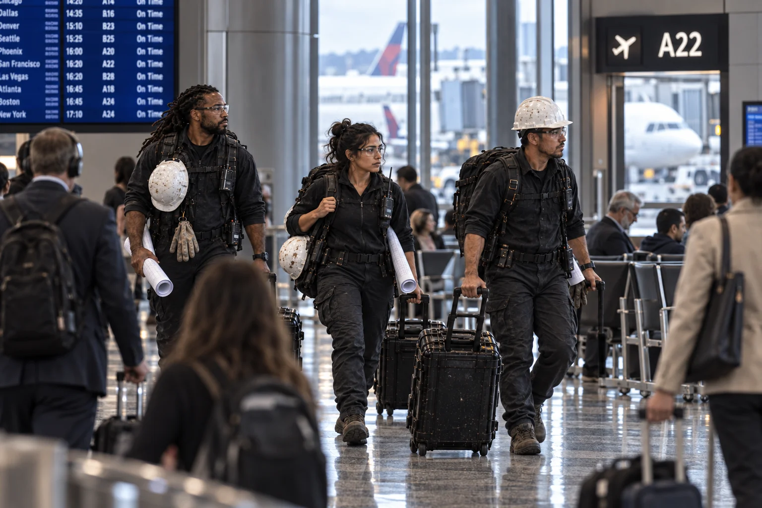 TRIFECTA specialists deploying to a Mission-Critical facility through an airport terminal